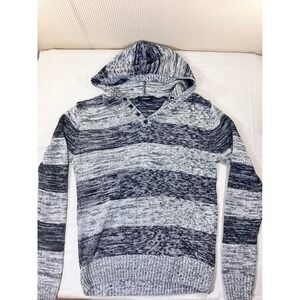 True Rock Mens Striped Knit Hoodie Sweater Gray Blue 4 Button Henley